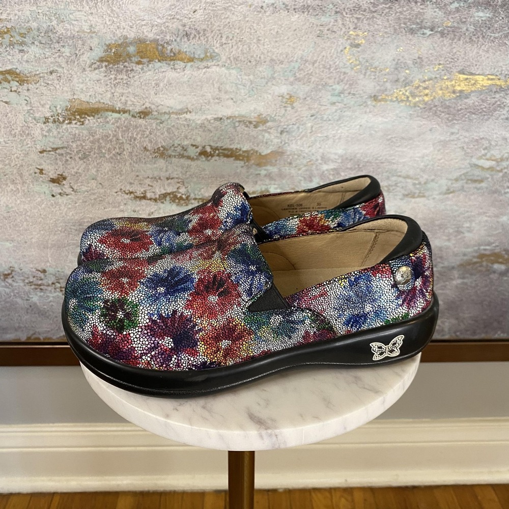 Alegria Clog Shoes Womens Size 5 Multicolor Floral Leather Slip Resistant